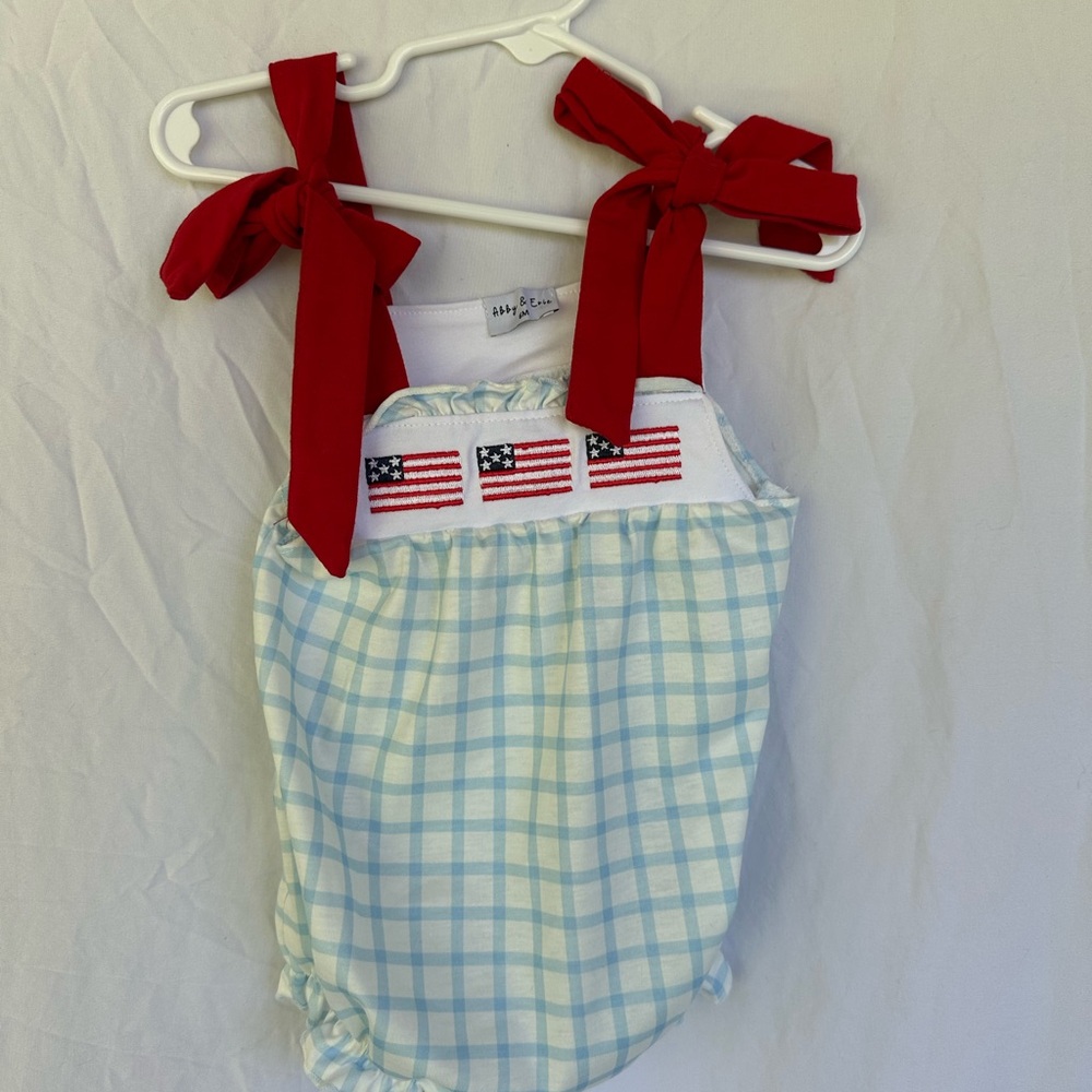 American Flag Gingham Baby bubble with Red Tie Straps